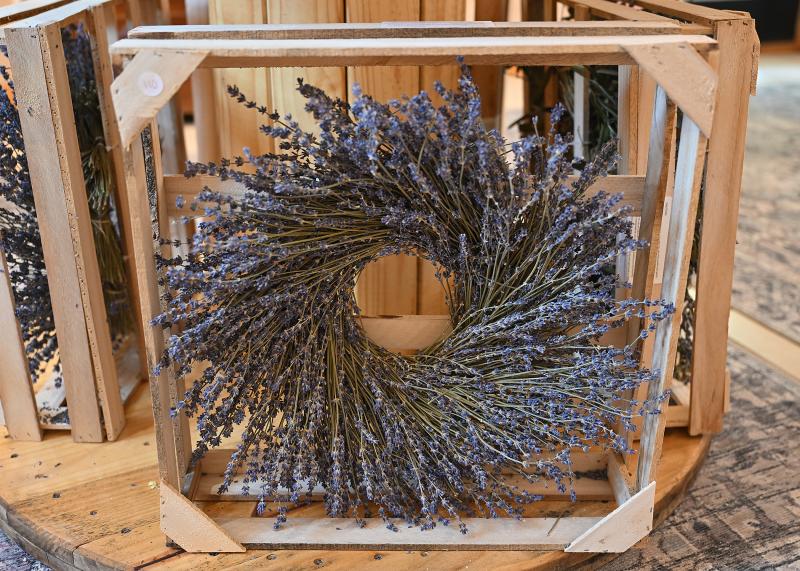 This wreath for sale at the Lavender Fields cottage is just one of the many lavender-themed products.
