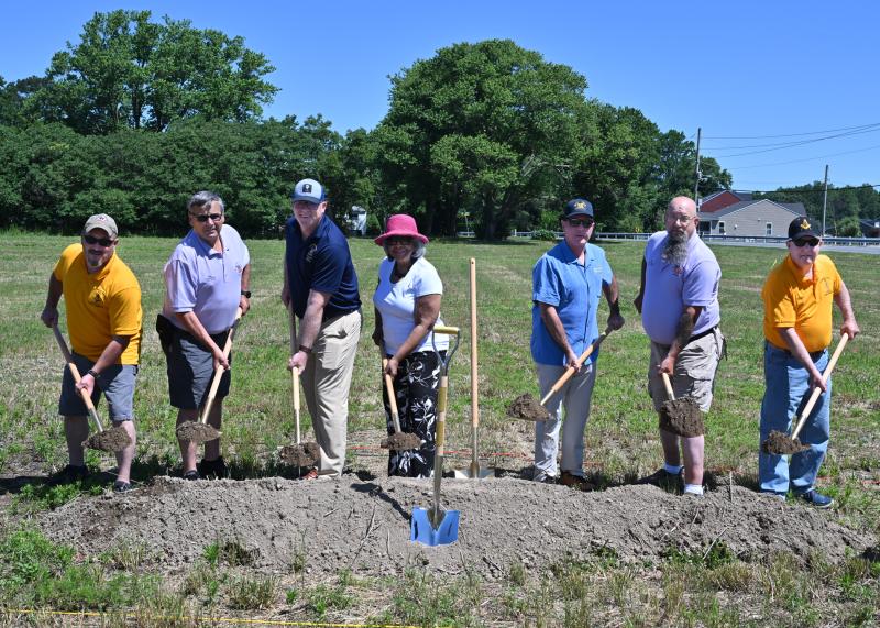 Breaking ground on the new Jefferson Lodge temple are (l-r) Nick Acord, worshipful master-elect; Ron Ferraro, grand master of the Masons of Delaware; Sen. Russ Huxtable, D-Lewes; Rep. Stell Parker Selby, D-Milton; Mark Schaffer, Sussex County Council; Eric Evans, president of the Hall Company; and Walter Hopkins, chairman of the building committee. TED PFIRRMANN PHOTOS