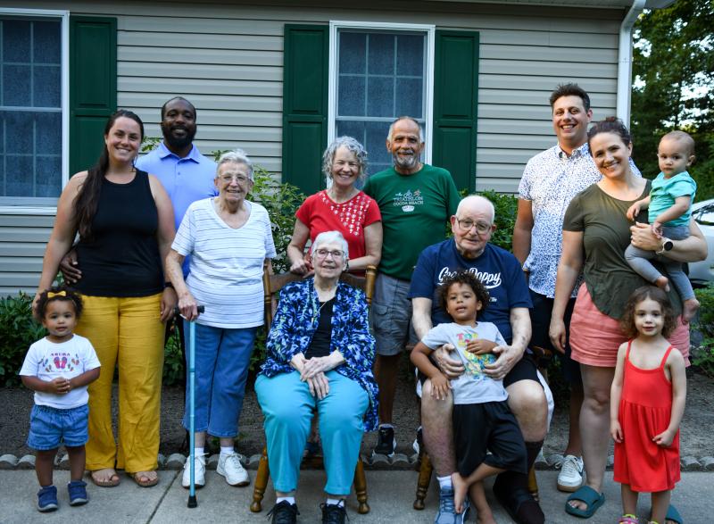 Celebrating Jean and Tony D’Amico’s 77th wedding anniversary are in back (l-r) Veronica D’Amico Brown, John Brown, Marie Chambers (niece and couple’s flower girl), Mary Beth D’Amico, Joe D’Amico, Brian Chorney and Gina D’Amico holding Miles Chorney. In front are Ella Brown, Jean D’Amico, Tony D’Amico hugging Johnathon Brown and Rylan Chorney. DAVE FREDERICK PHOTO
