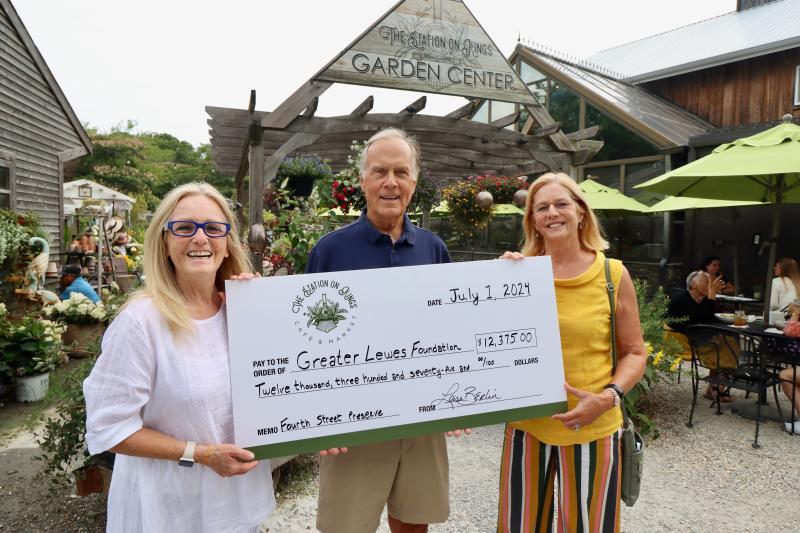 Station on Kings presented a check for $12,375 to the Greater Lewes Foundation’s Open Space Alliance campaign to buy and save the Fourth Street Preserve. The money came from a July 1 fundraiser at the restaurant. Shown are (l-r) Leisa Berlin, Station on Kings owner; Bruce Chandler, Greater Lewes Foundation; and Pam Costanzi, campaign manager for the Open Space Alliance campaign. BILL SHULL PHOTO